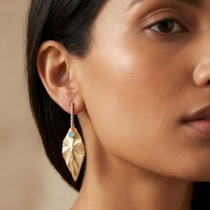 Gold Leaf Drop Earrings with Turquoise Heart