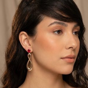 Gold Infinity Drop Earrings with Ruby Red Crystal