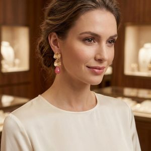 Matte Gold Leaf Drop Earrings, Pink Faceted Teardrop Dangles