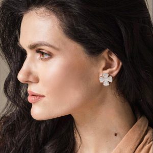 18k Gold-Filled Pave Clover Stud Earrings, Crystal Quatrefoil Statement Studs, Sparkly Designer Style Earrings